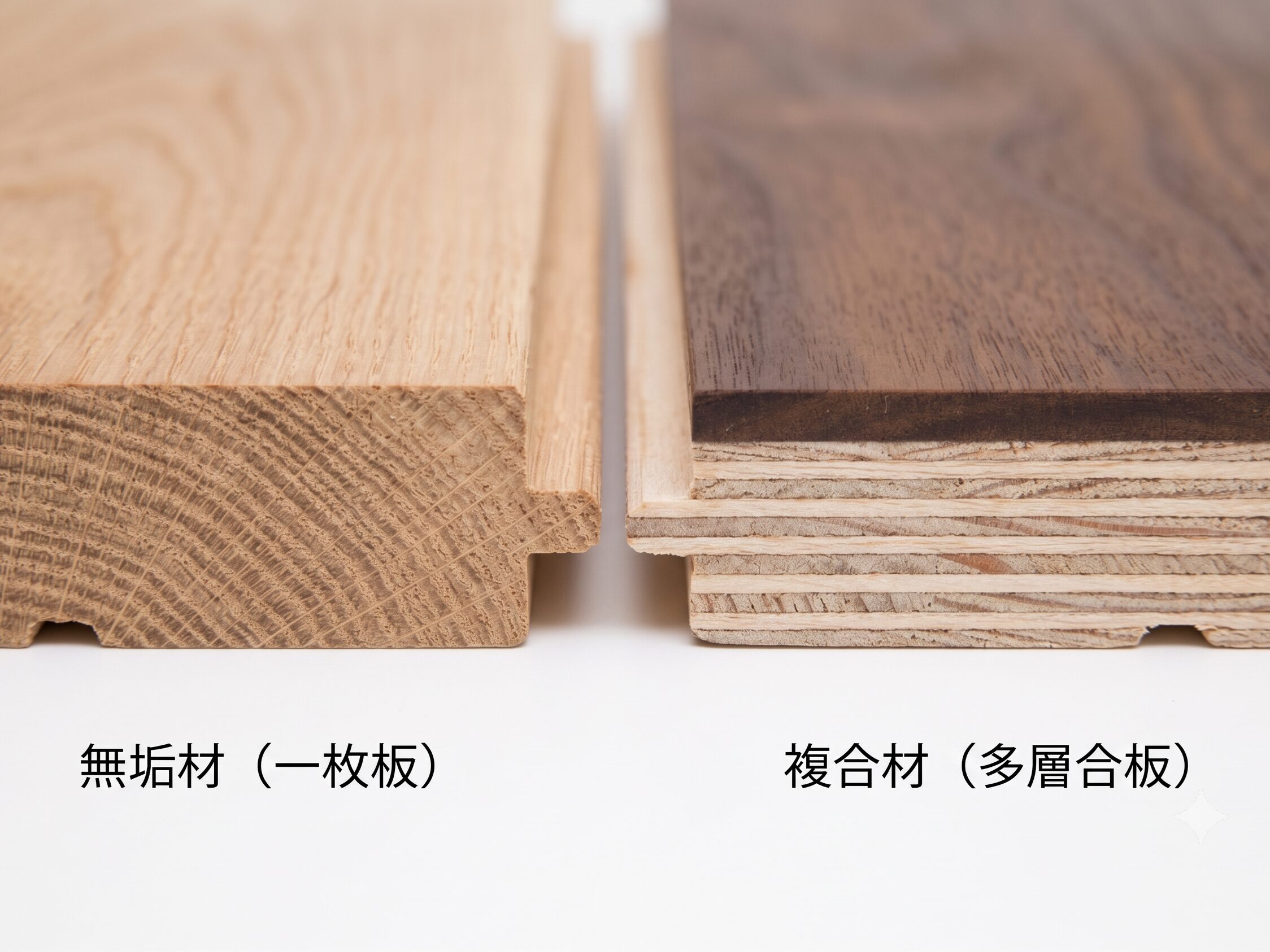 無垢材(一枚板)と複合材(多層合板)の断面比較|堺市のリノベーション会社TEAM-R
